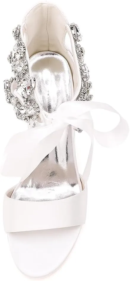 Women's Block Heel Wedding Sandals Rhinestones Open Toe Chunky Ribbon Bridal Shoes Prom Eveing Party Shoes