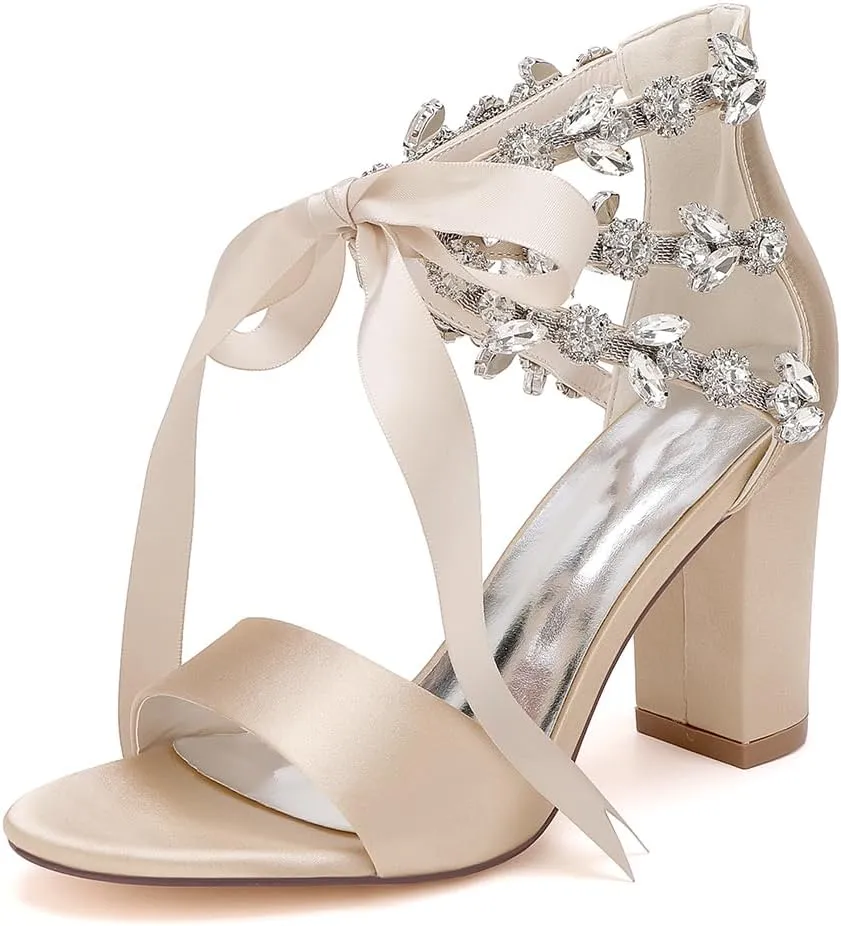 Women's Block Heel Wedding Sandals Rhinestones Open Toe Chunky Ribbon Bridal Shoes Prom Eveing Party Shoes