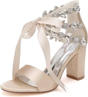 Women's Block Heel Wedding Sandals Rhinestones Open Toe Chunky Ribbon Bridal Shoes Prom Eveing Party Shoes