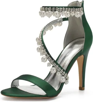 Women's Bridal Wedding Sandals High Heel Ankle Strap Pearl Zipper Back Formal Evening Prom Party Dress Satin Shoes Heels Pumps