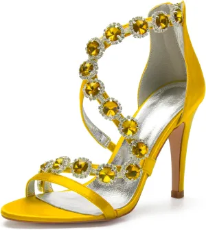 Women's Bridal Wedding Sandals High Heels Crystal Satin Ankle Strap Rhinestones Zipper Back Formal Evening Prom Party Dress Shoes Pumps