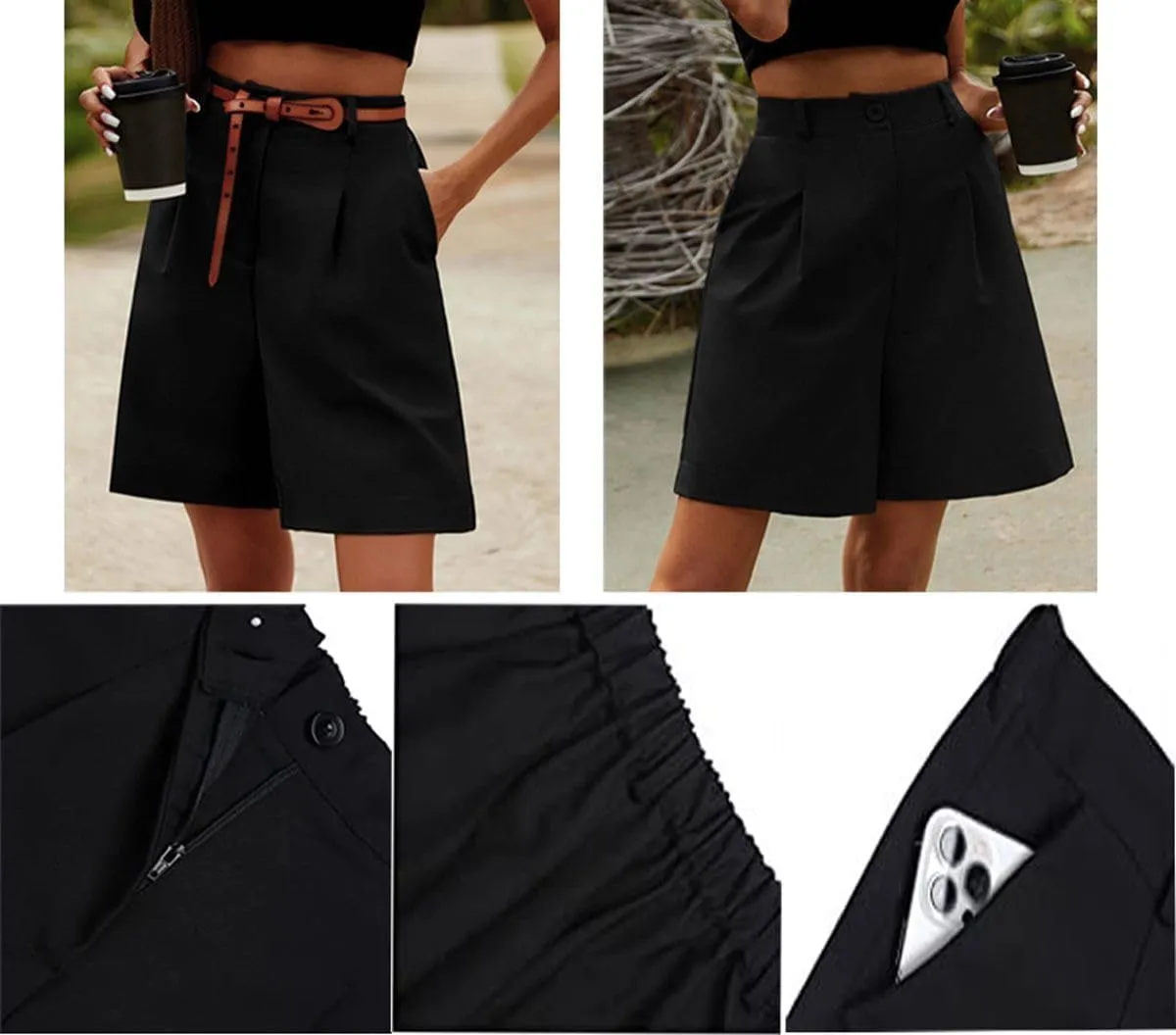 Women's Casual Bermuda Shorts Elastic Waist Wide Leg Knee Length Summer Shorts with Pockets
