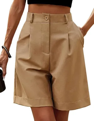 Women's Casual Bermuda Shorts Elastic Waist Wide Leg Knee Length Summer Shorts with Pockets