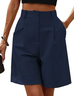 Women's Casual Bermuda Shorts Elastic Waist Wide Leg Knee Length Summer Shorts with Pockets