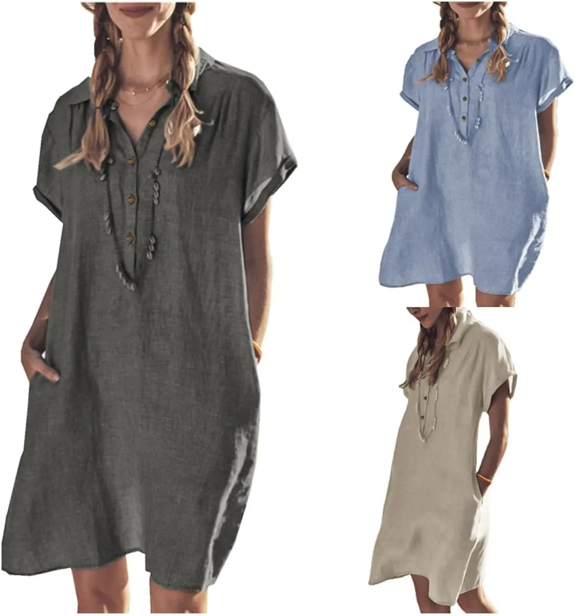 Womens Casual Shirt Dress Cotton Linen Summer Dresses Button Down Tunic Dress Midi Cream Beach Dress with Pockets