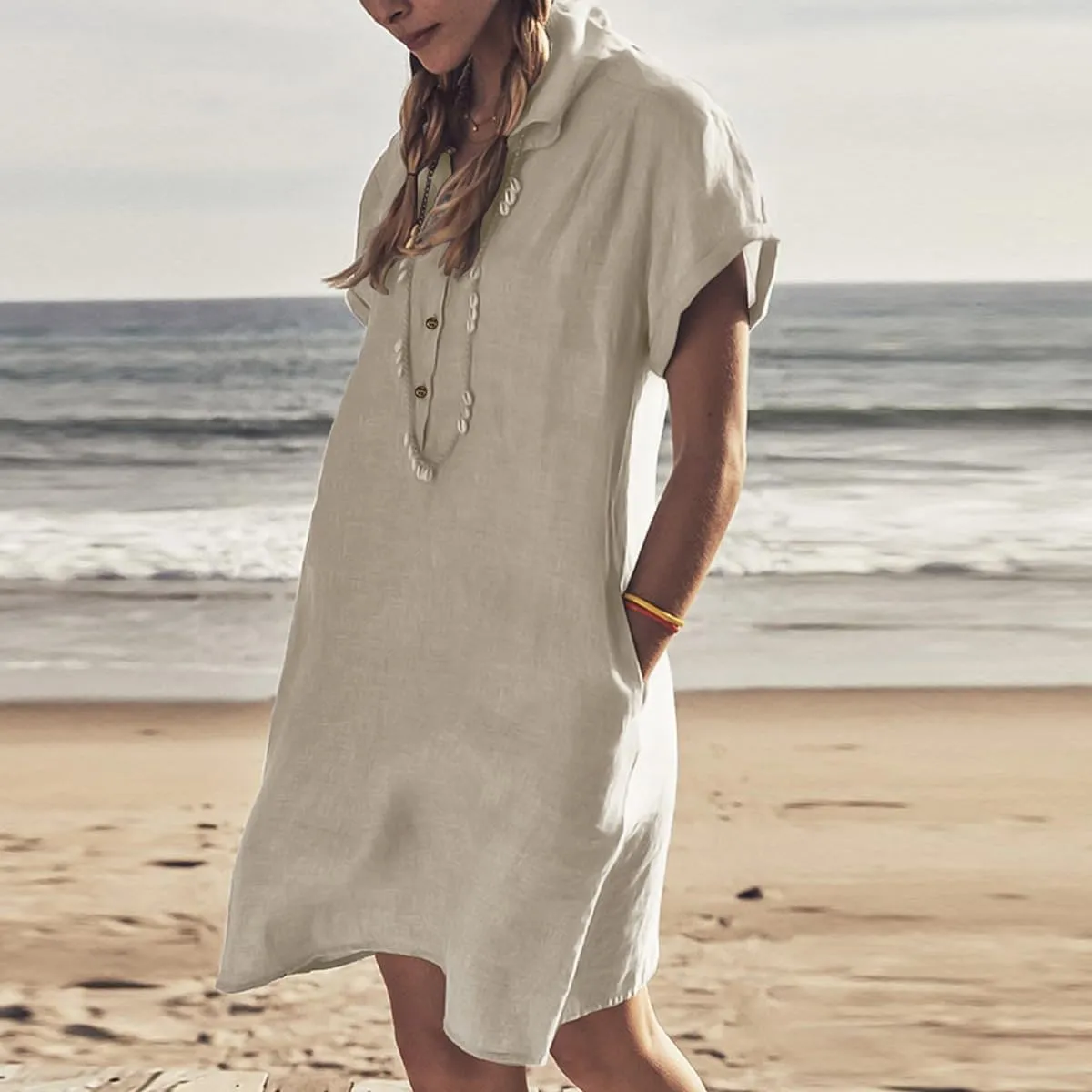 Womens Casual Shirt Dress Cotton Linen Summer Dresses Button Down Tunic Dress Midi Cream Beach Dress with Pockets