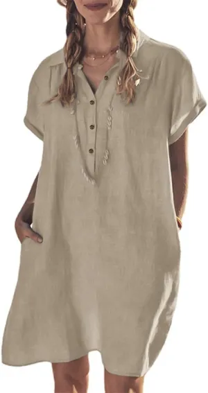 Womens Casual Shirt Dress Cotton Linen Summer Dresses Button Down Tunic Dress Midi Cream Beach Dress with Pockets