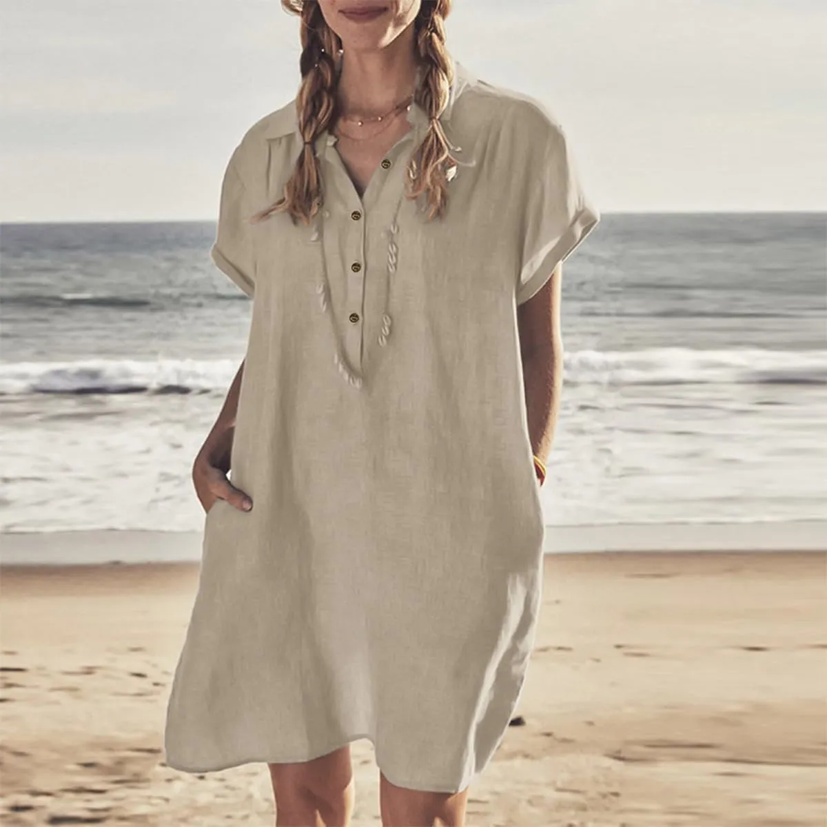 Womens Casual Shirt Dress Cotton Linen Summer Dresses Button Down Tunic Dress Midi Cream Beach Dress with Pockets