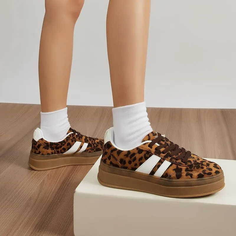 Women's Chunky Platform Sneakers - Retro Vintage Leather Casual Tennis Shoes- Thick Rubber Gum Sole Low Top Lace-Up Classic Walking Shoes
