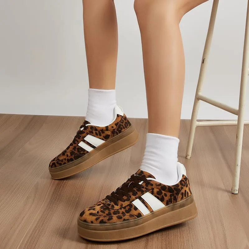 Women's Chunky Platform Sneakers - Retro Vintage Leather Casual Tennis Shoes- Thick Rubber Gum Sole Low Top Lace-Up Classic Walking Shoes