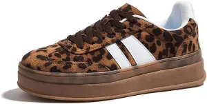 Women's Chunky Platform Sneakers - Retro Vintage Leather Casual Tennis Shoes- Thick Rubber Gum Sole Low Top Lace-Up Classic Walking Shoes