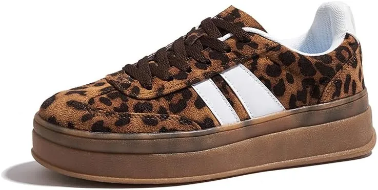 Women's Chunky Platform Sneakers - Retro Vintage Leather Casual Tennis Shoes- Thick Rubber Gum Sole Low Top Lace-Up Classic Walking Shoes