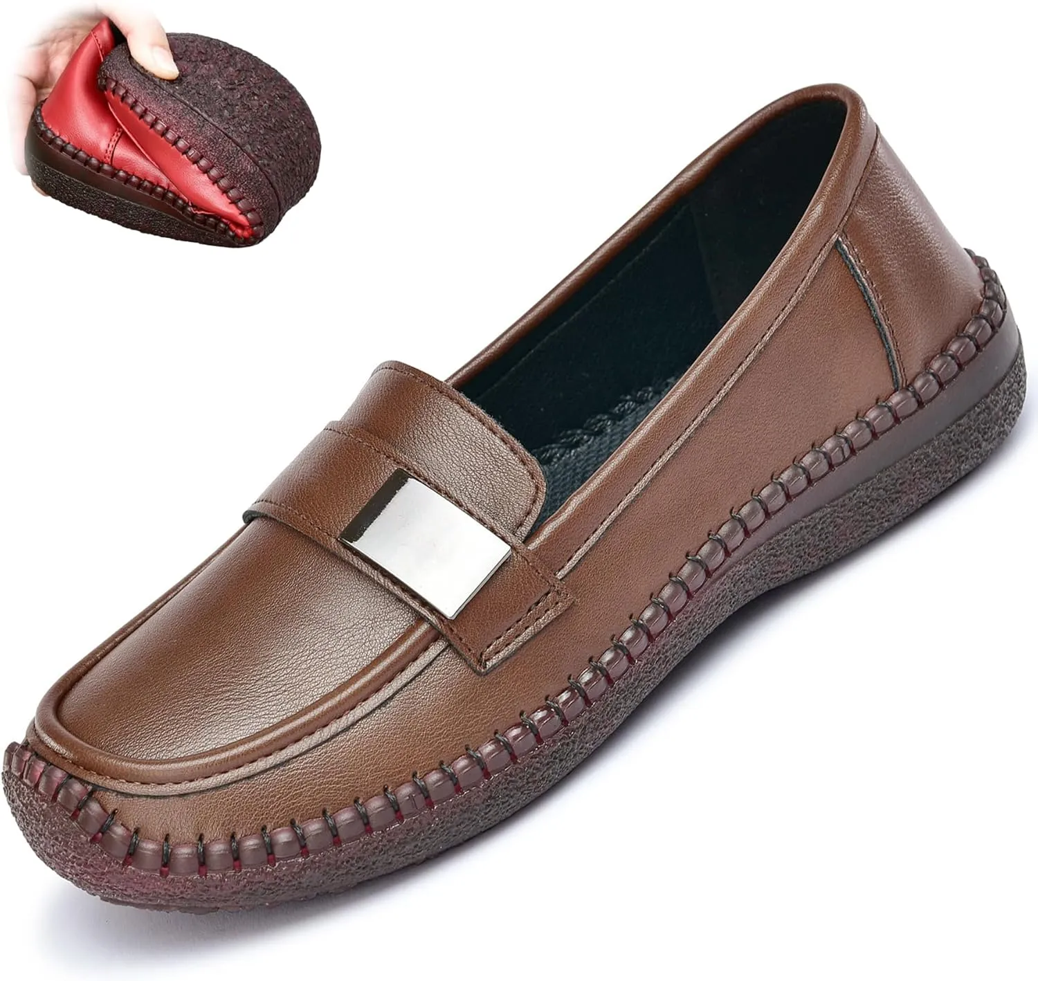 Women's Classic Leather Flat Slip-on Loafers Fashion Round Toe Soft Bottom Moccasins Flats Comfort Breathable Handmade Penny Walk Shoes
