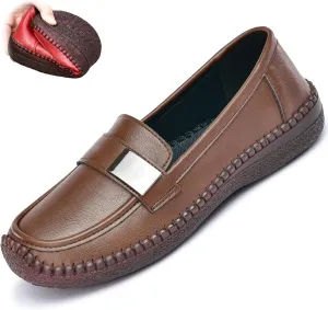 Women's Classic Leather Flat Slip-on Loafers Fashion Round Toe Soft Bottom Moccasins Flats Comfort Breathable Handmade Penny Walk Shoes