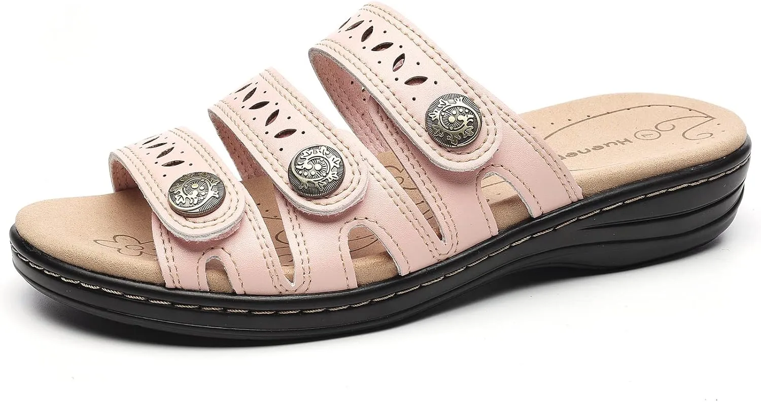 Women's Comfort Leather Slides Lightweight Flat Sandals Cute Slip On Casual Walking Slippers