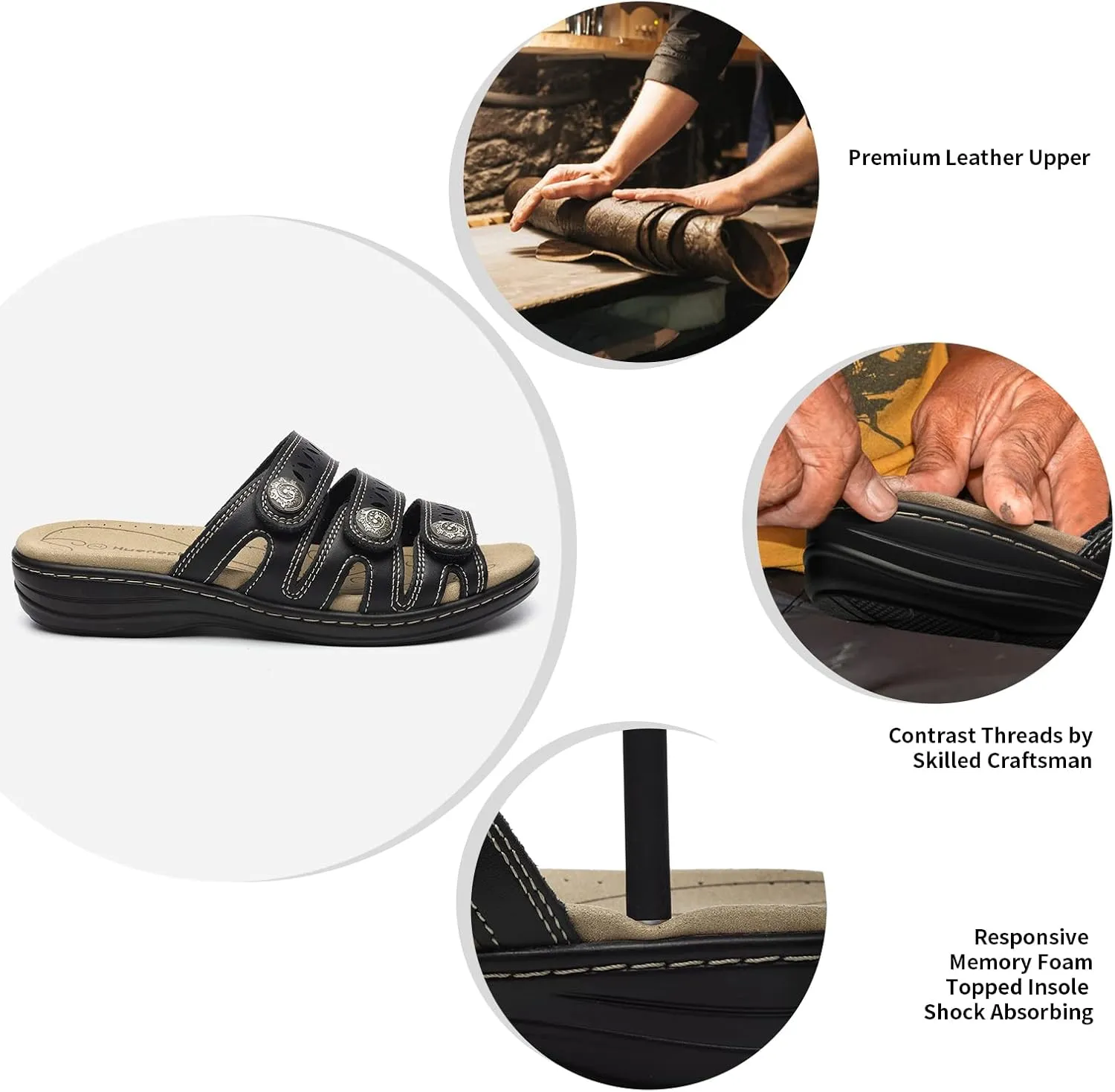 Women's Comfort Leather Slides Lightweight Flat Sandals Cute Slip On Casual Walking Slippers
