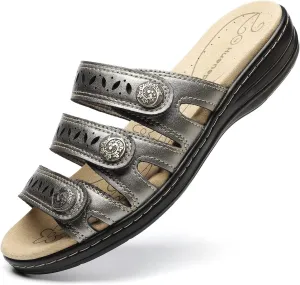 Women's Comfort Leather Slides Lightweight Flat Sandals Cute Slip On Casual Walking Slippers