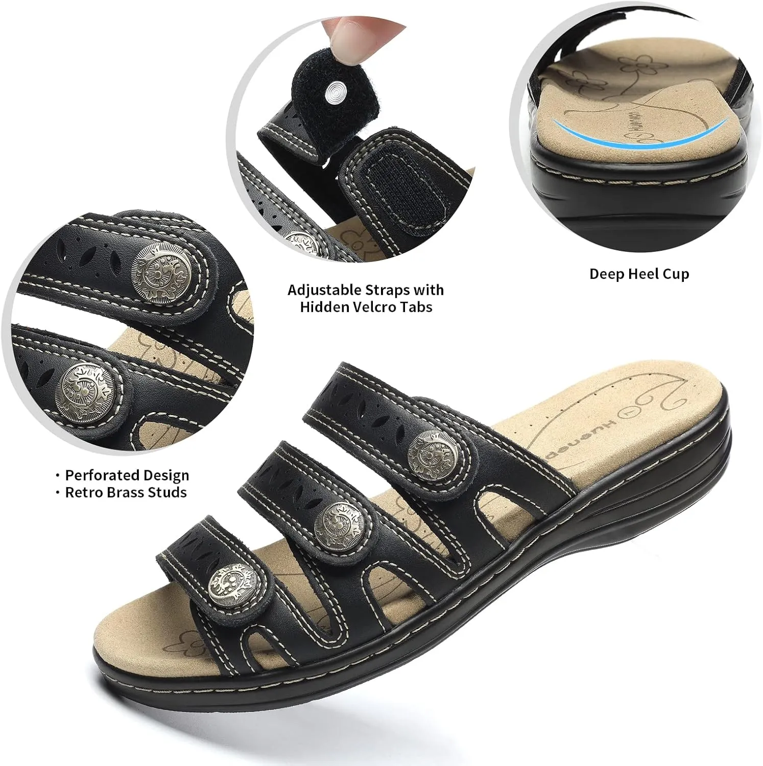 Women's Comfort Leather Slides Lightweight Flat Sandals Cute Slip On Casual Walking Slippers