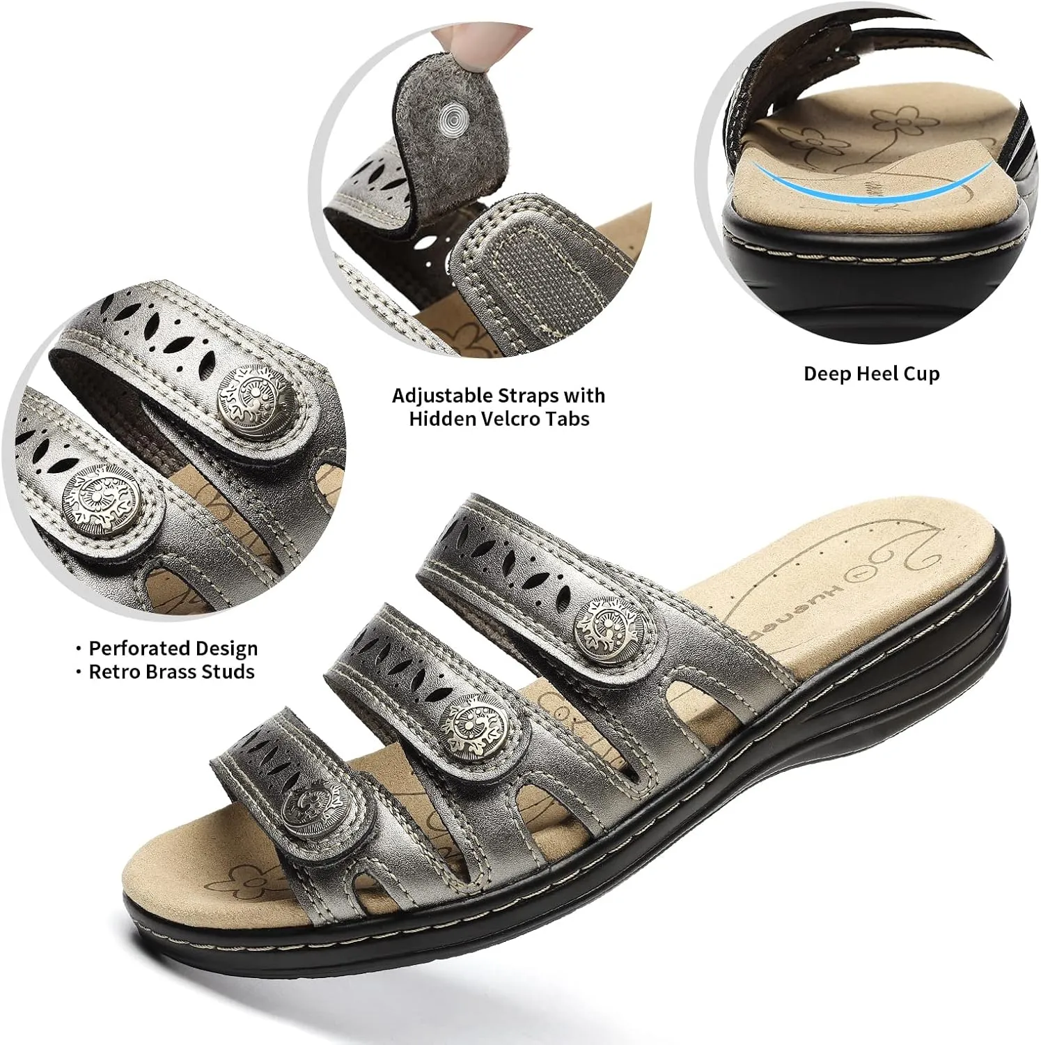 Women's Comfort Leather Slides Lightweight Flat Sandals Cute Slip On Casual Walking Slippers