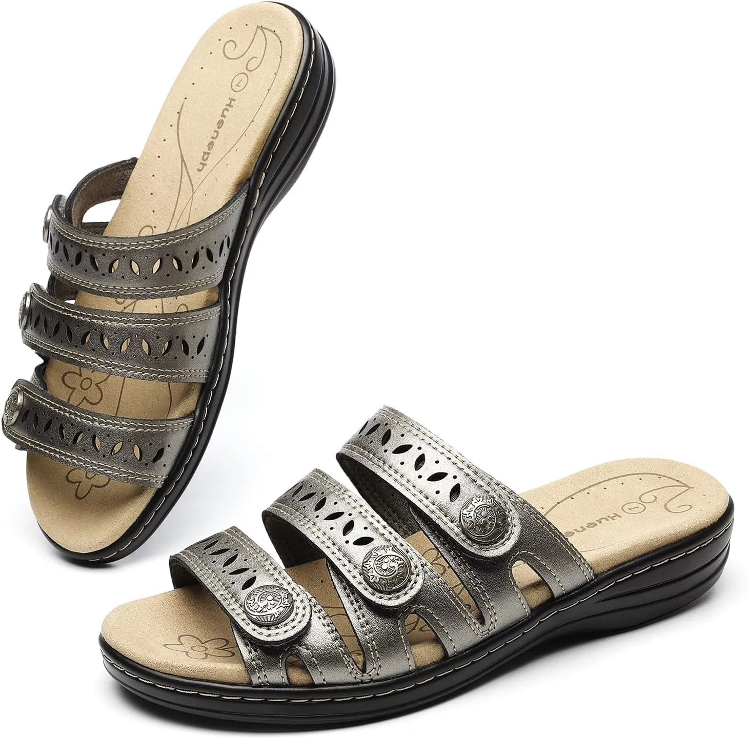Women's Comfort Leather Slides Lightweight Flat Sandals Cute Slip On Casual Walking Slippers