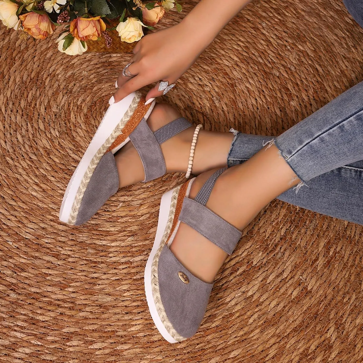 Women's Comfy Wedge Heel Sandals, Womens Closed Toe Espadrilles Platform Wedge Ankle Strap Sandals Comfortable Anti Slip Beach Casual Shoes