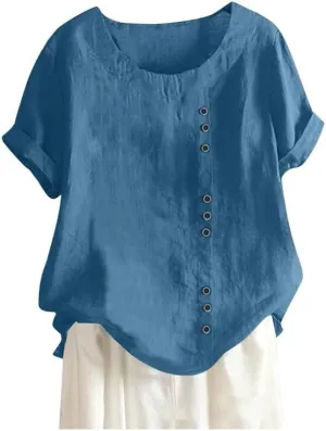 Women's Cotton Linen Shirts Short Sleeve Crewneck Blouse Button Casual Loose Fit T Shirt Tunic Tops for Summer