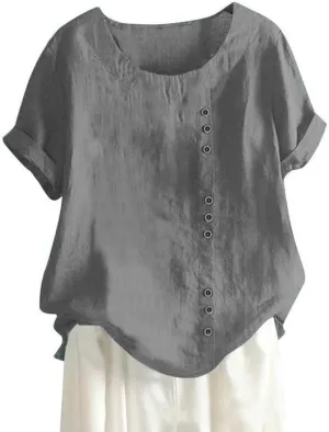 Women's Cotton Linen Shirts Short Sleeve Crewneck Blouse Button Casual Loose Fit T Shirt Tunic Tops for Summer