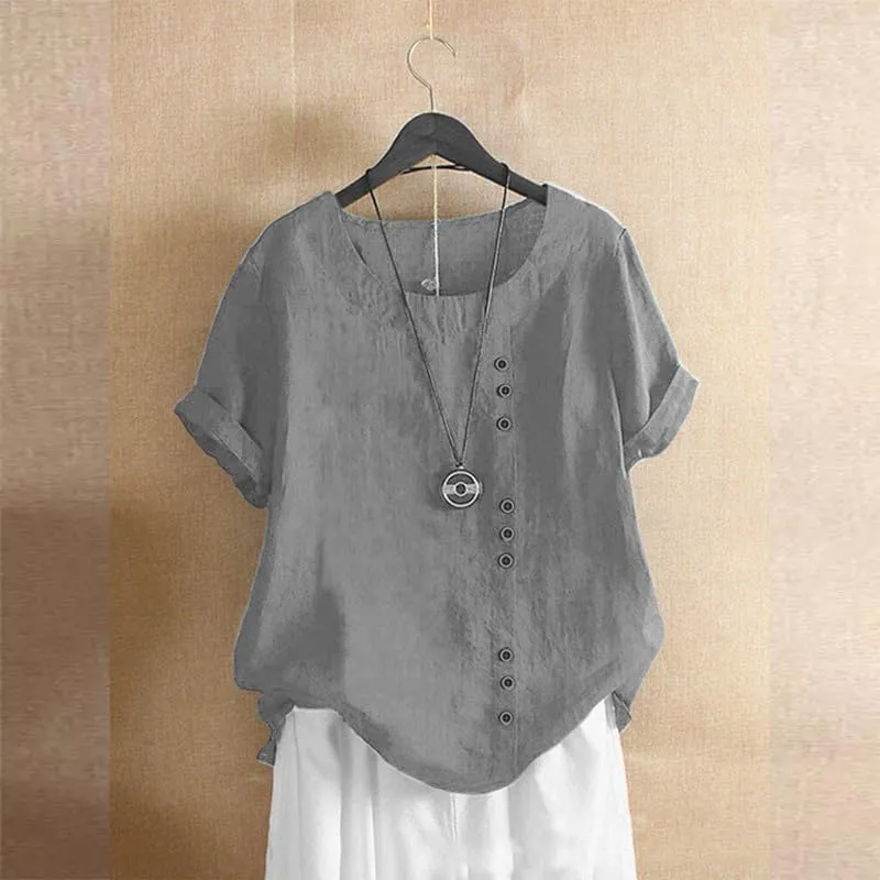 Women's Cotton Linen Shirts Short Sleeve Crewneck Blouse Button Casual Loose Fit T Shirt Tunic Tops for Summer