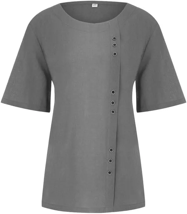 Women's Cotton Linen Shirts Short Sleeve Crewneck Blouse Button Casual Loose Fit T Shirt Tunic Tops for Summer