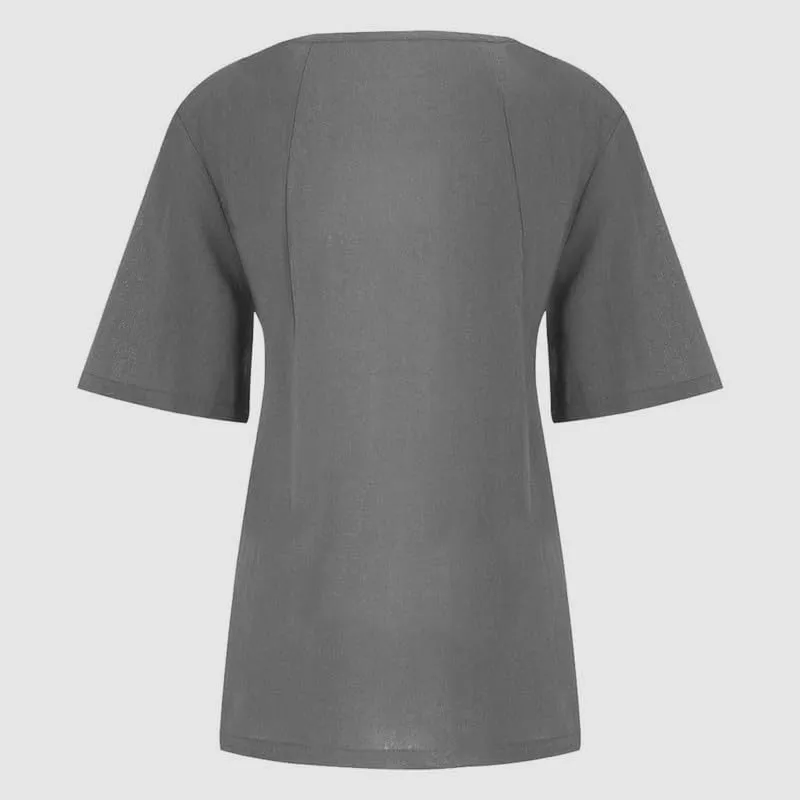 Women's Cotton Linen Shirts Short Sleeve Crewneck Blouse Button Casual Loose Fit T Shirt Tunic Tops for Summer