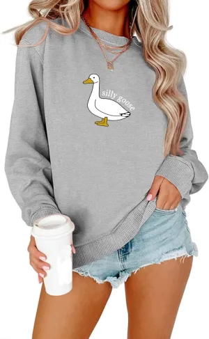 Womens Crewneck Funny Cute Silly Goose Sweatshirt Xmas Pullover Sweatshirt Christmas Sweater
