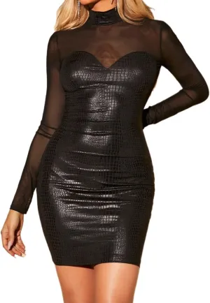 Womens Fashion Crocodile Print Bodycon Elegant Sheer Contrast Mesh Dress for Party