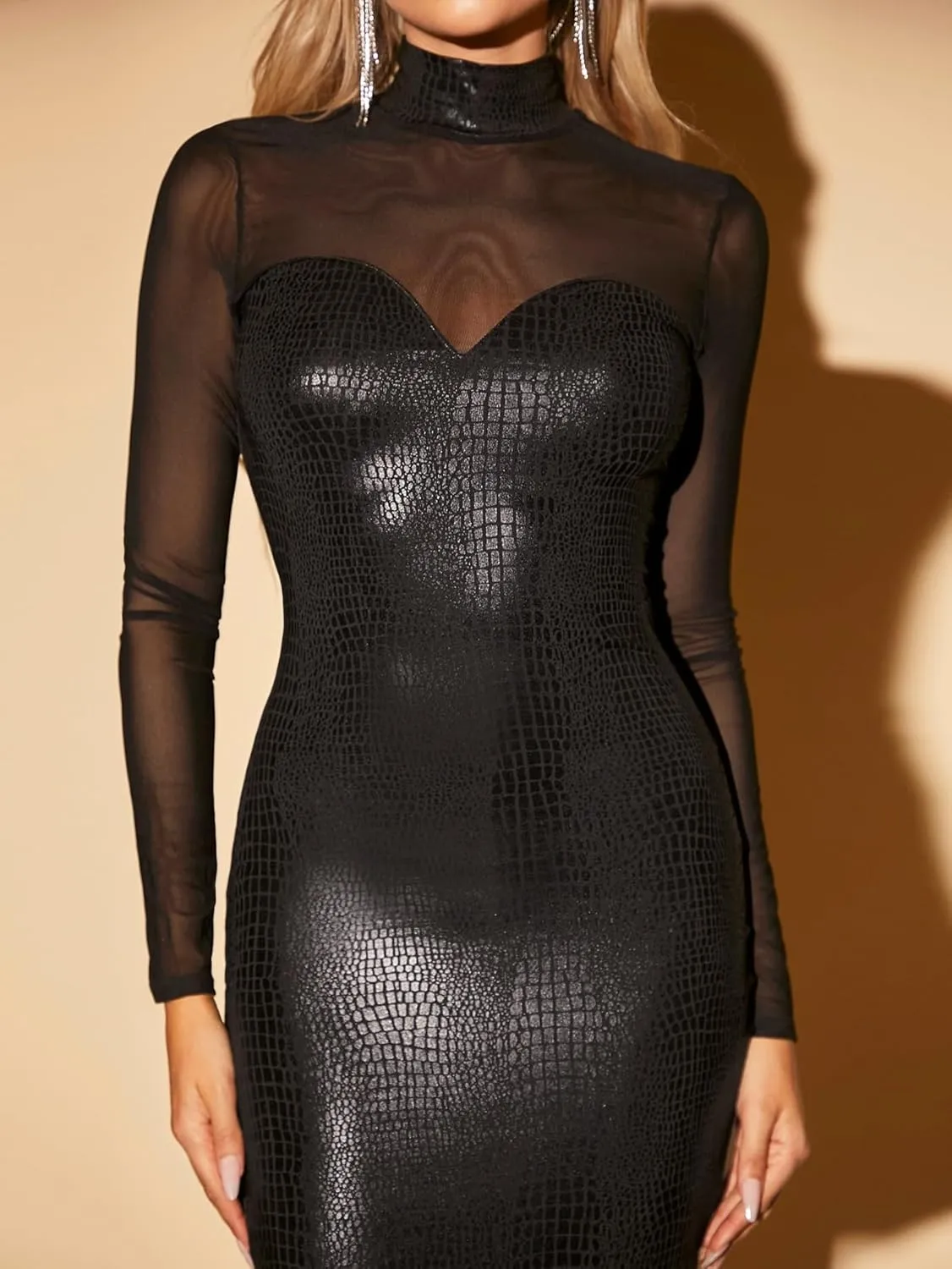 Womens Fashion Crocodile Print Bodycon Elegant Sheer Contrast Mesh Dress for Party