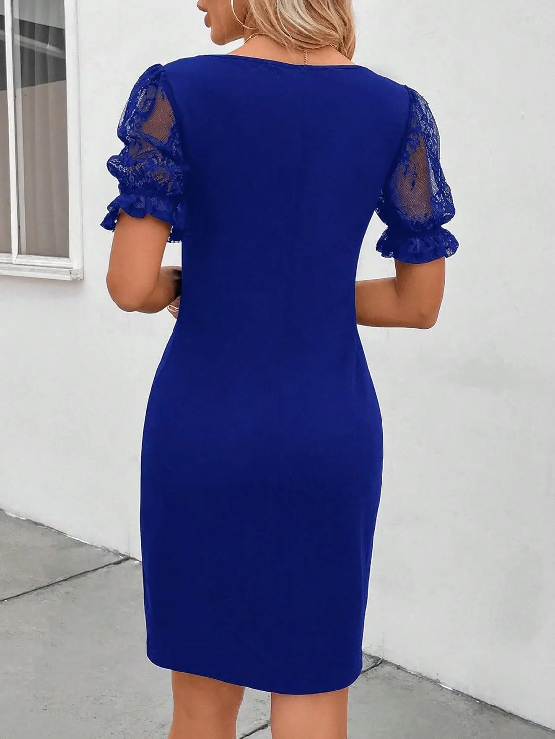 Womens Fashion Elegant Contrast Mesh Solid Color Puff Sleeve Plain Slim Fit Dress for Party