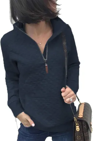 Women's Fashion Quilted Pattern Long Sleeve Casual Zipper Sweatshirt Solid Color Pullover Shirt Top.JNINTH