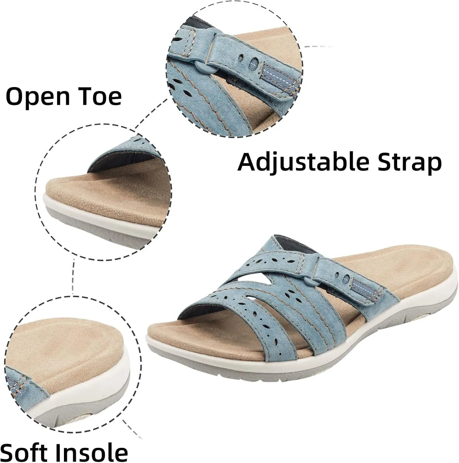 Womens Flat Sandals Summer Arch Support Orthopedic Comfort Plantar Fasciitis Soft Cushion Slippers Straps Breathable Slip on Comfortable Walking Slides