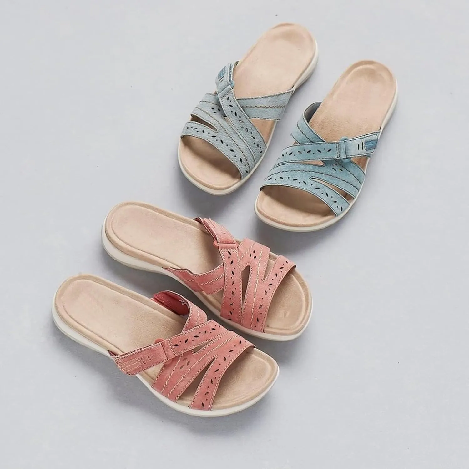 Womens Flat Sandals Summer Arch Support Orthopedic Comfort Plantar Fasciitis Soft Cushion Slippers Straps Breathable Slip on Comfortable Walking Slides
