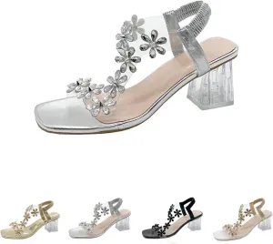 Women's Flower Rhinestone Block Heel Sandals, Rhinestone Sandals for Women, Clear Block Heels, Party Wedding Low Sandals