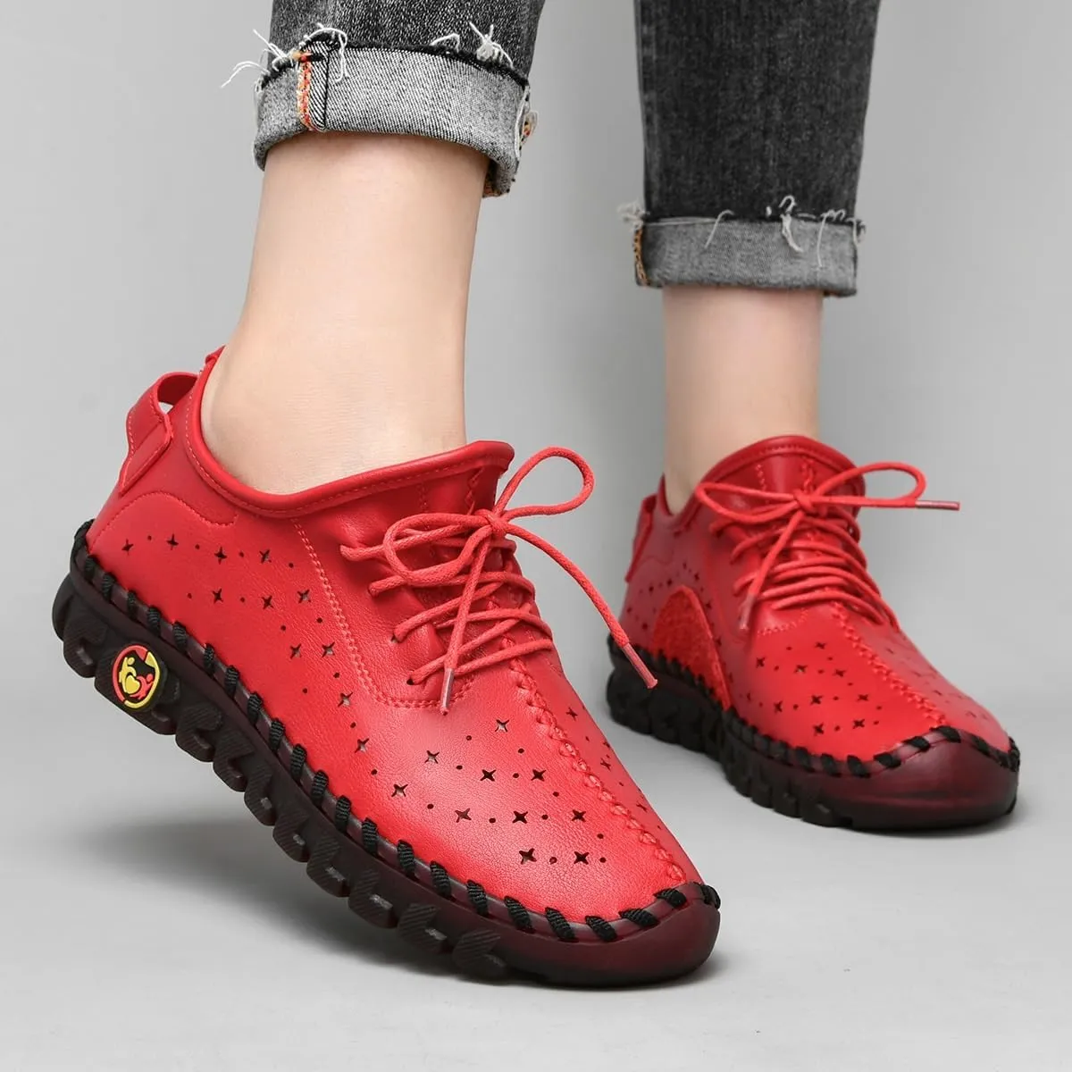 Women's Hollow Leather Lace Up Flat Loafers,Lightweight Breathable Casual Comfort Non-Slip Walking Shoes Handmade Beef Tendon Soft Sole Mom Nurse Shoes Fashion Ladies Sneakers