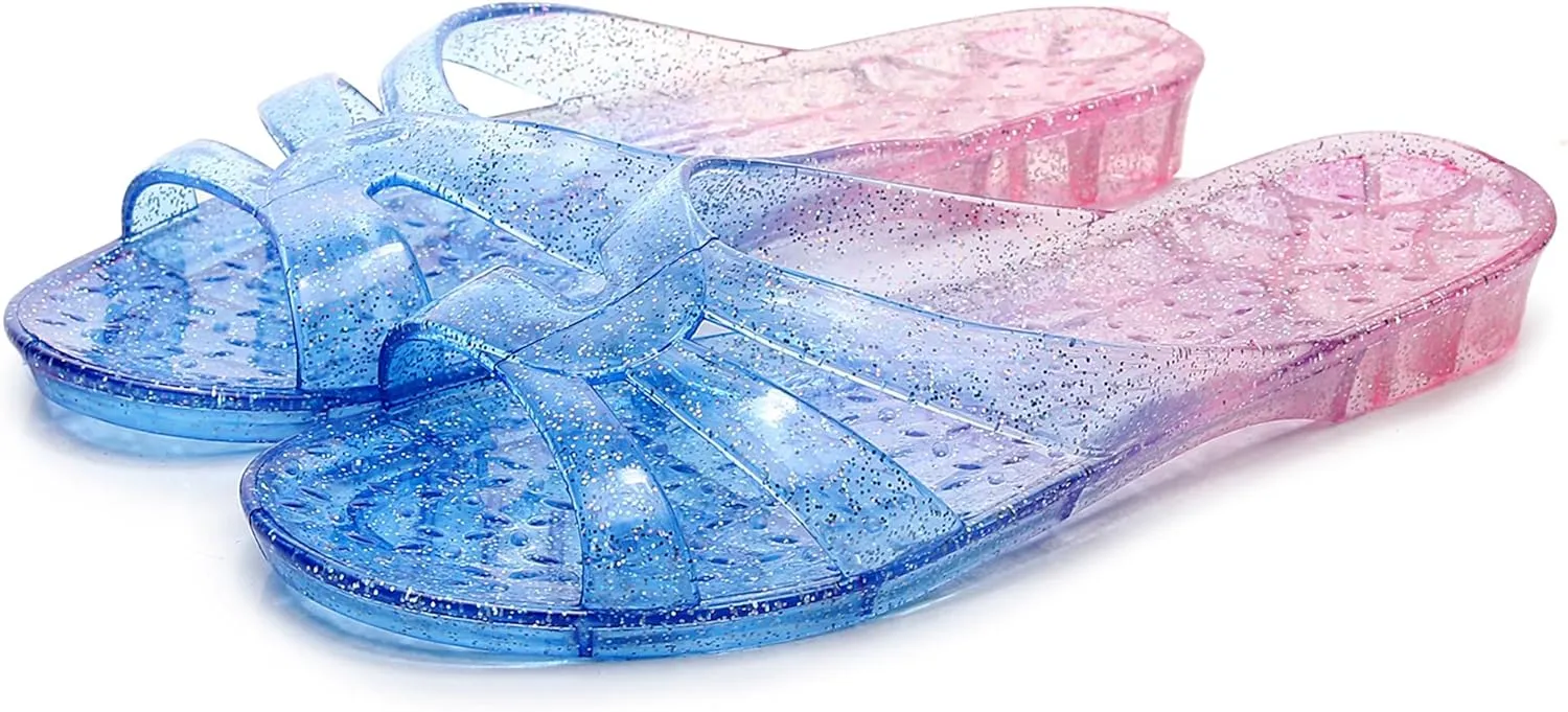 Womens Jelly Shoes, White Jellies Sandals Glitter Clear Flats Slip On Summer Beach Slippers Transparent Closed Toe Soft Slide