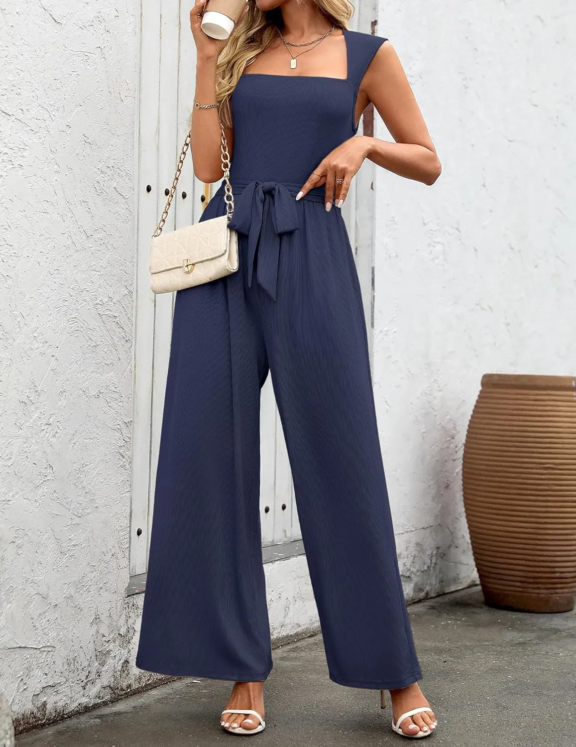 Women's Jumpsuits Dressy Casual Sleeveless Belted Long Wide Leg Pants Elegant One Piece Jumpsuit Summer