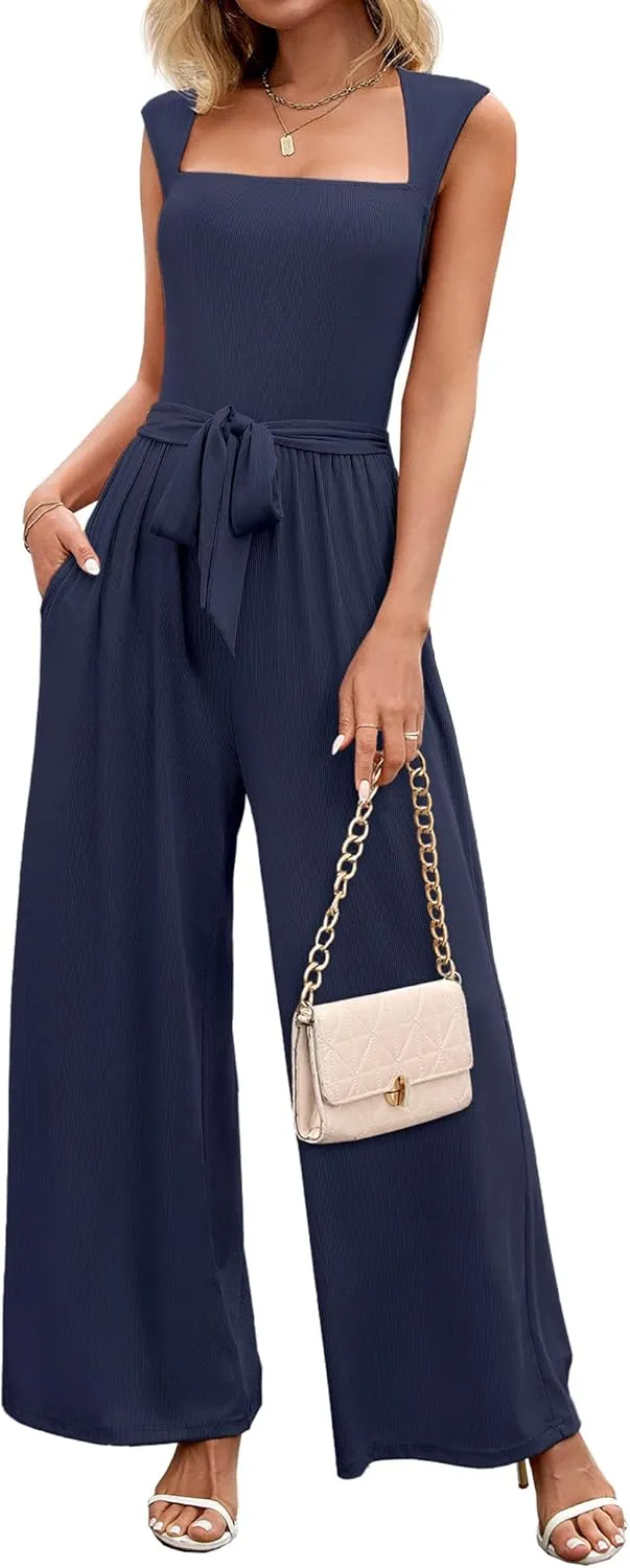 Women's Jumpsuits Dressy Casual Sleeveless Belted Long Wide Leg Pants Elegant One Piece Jumpsuit Summer