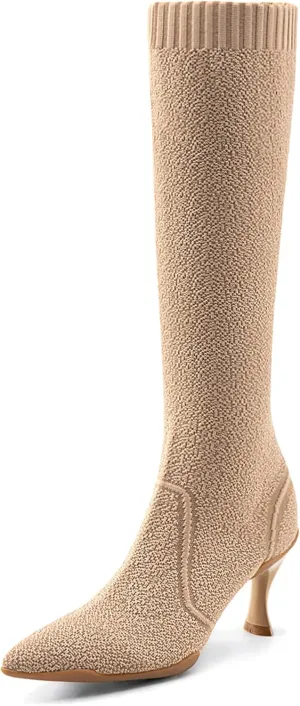 Women's Kitten Low Heel Minimalist Knit Pointed Toe High Boots Cosy Collection