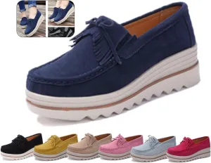 Women's Leather Platform Loafers Faux Suede Comfort Moccasins Comfortable Thick Soled Breathable Loafers，Wide Low Top Shoes Business Casual Walking Shoes