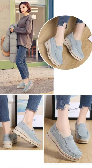 Women's Leather Platform Loafers Shoes, Faux Suede Moccasins Good Arch Slip On Loafer Non-Slip Thick Sole Comfort Wide Low Top Shoe