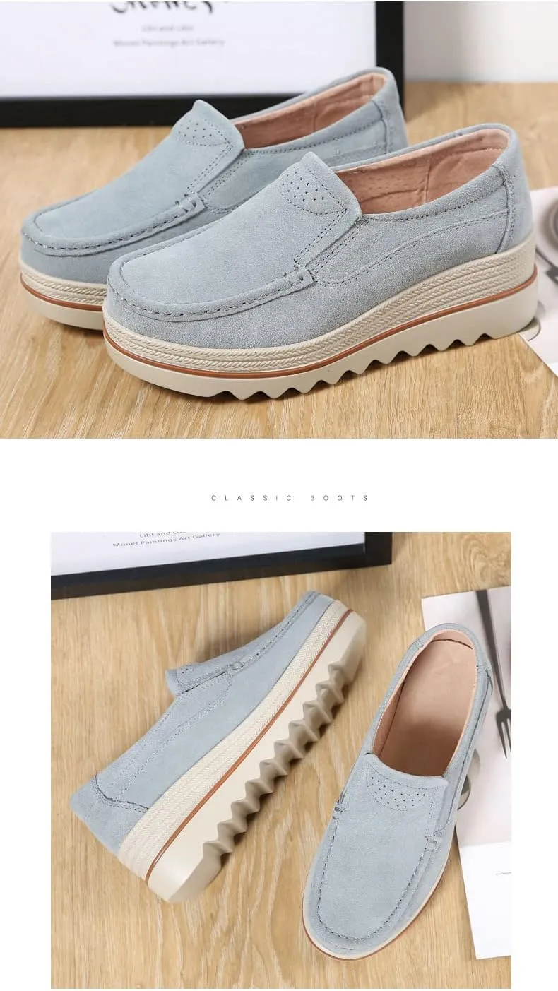 Women's Leather Platform Loafers Shoes, Faux Suede Moccasins Good Arch Slip On Loafer Non-Slip Thick Sole Comfort Wide Low Top Shoe