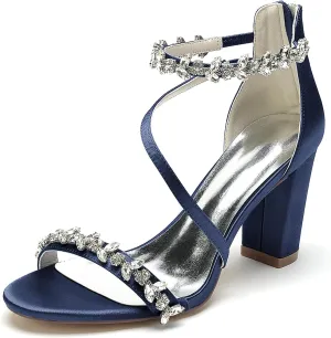 Women's Open Toe Evening Prom Party Bridal Dress Pumps Back Zip Heeled Sandal Chunky Block Heel Crystal Wedding Shoes