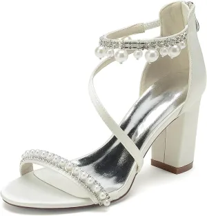Women's Open Toe Wedding Dress Pumps Block Chunky Heels Bridal Shoes Pearls Ankle Strap Evening Party Prom Summer Sandals