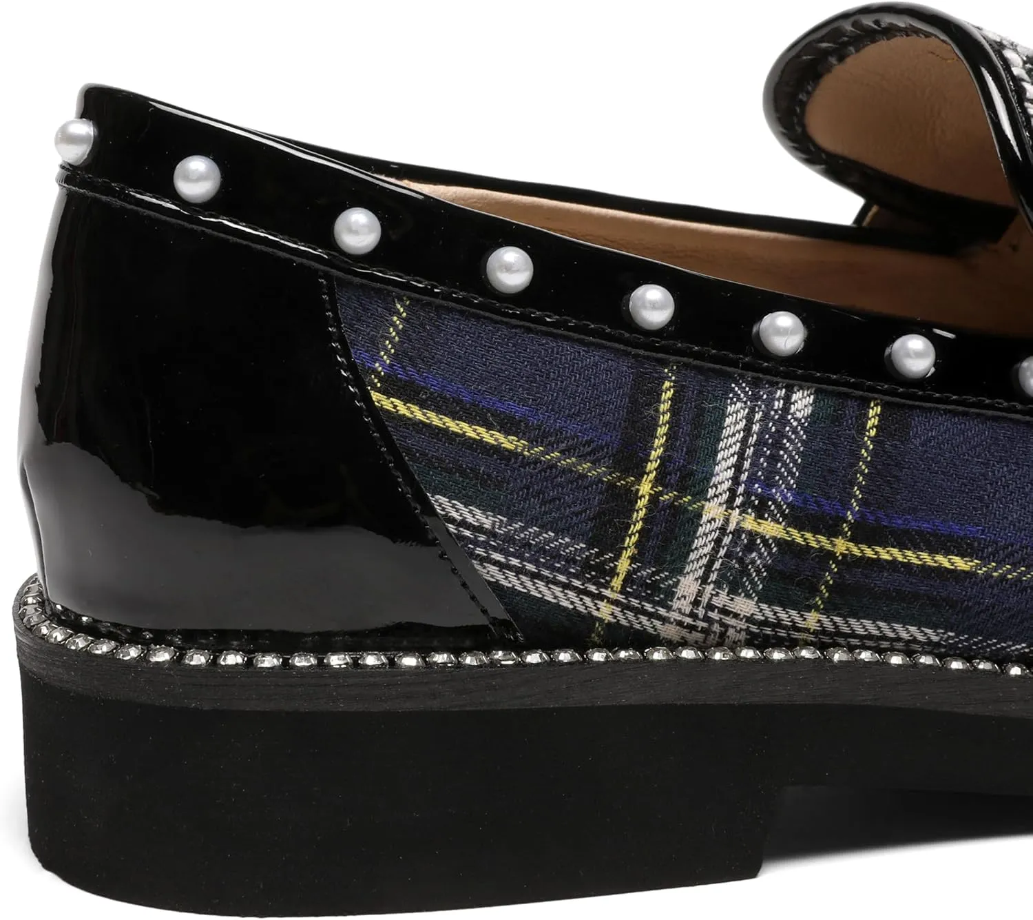 Women's Plaid Lug Sole Penny Loafers,Ladies Sparkly Rhinestones Pearl Trendy Low Heel Slip on Dressy Holiday Shoe Round Toe Comfort Party Evening Glitter Memory Foam Shoe