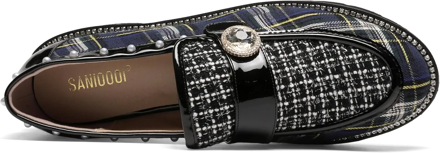 Women's Plaid Lug Sole Penny Loafers,Ladies Sparkly Rhinestones Pearl Trendy Low Heel Slip on Dressy Holiday Shoe Round Toe Comfort Party Evening Glitter Memory Foam Shoe